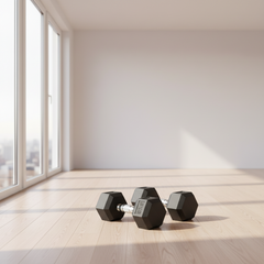 Three black hex dumbbells with silver handles resting on a light wood floor in a bright, modern room with large windows.