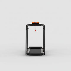 A black treadmill with an illuminated digital display sits in a bright, modern room with large windows overlooking a city skyline, set on light wood flooring.