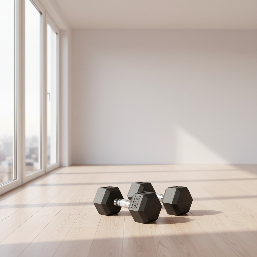 Three black hex dumbbells with silver handles resting on a light wood floor in a bright, modern room with large windows.