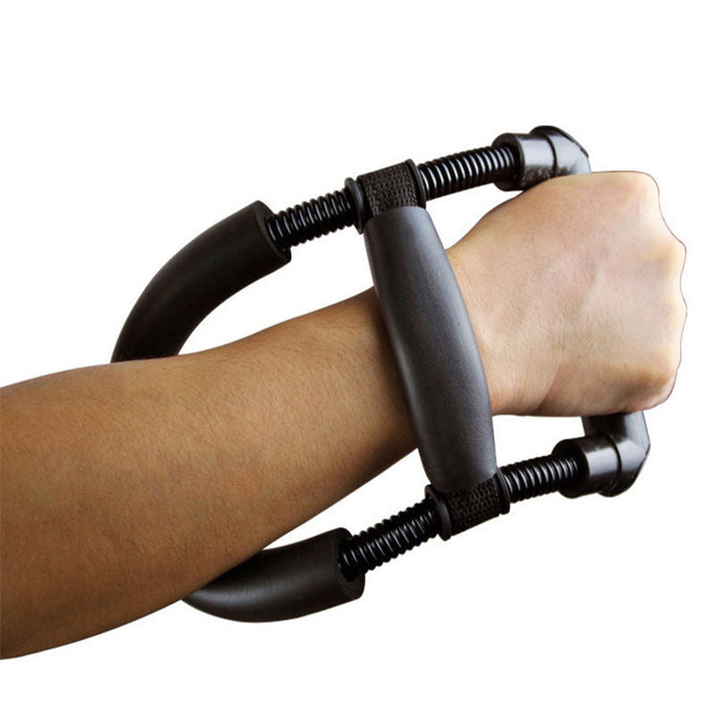 Hand using a black hand gripper on a white background