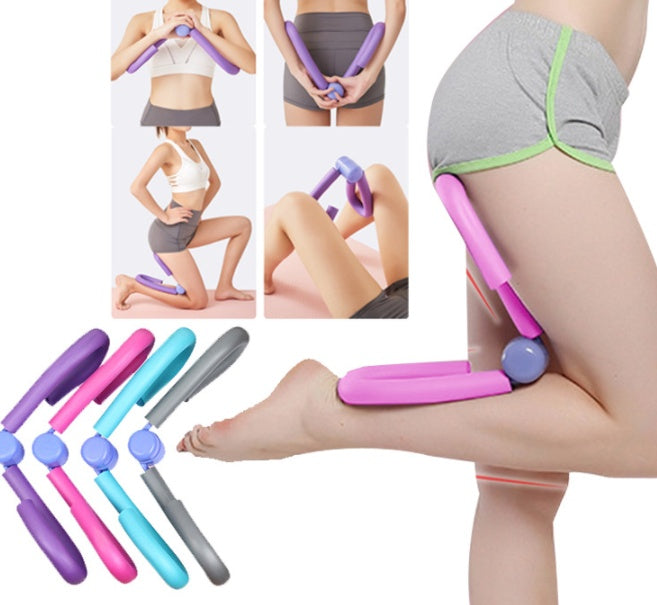 Collage of a leg exercise tool being used on different parts of the body with close-up shots.