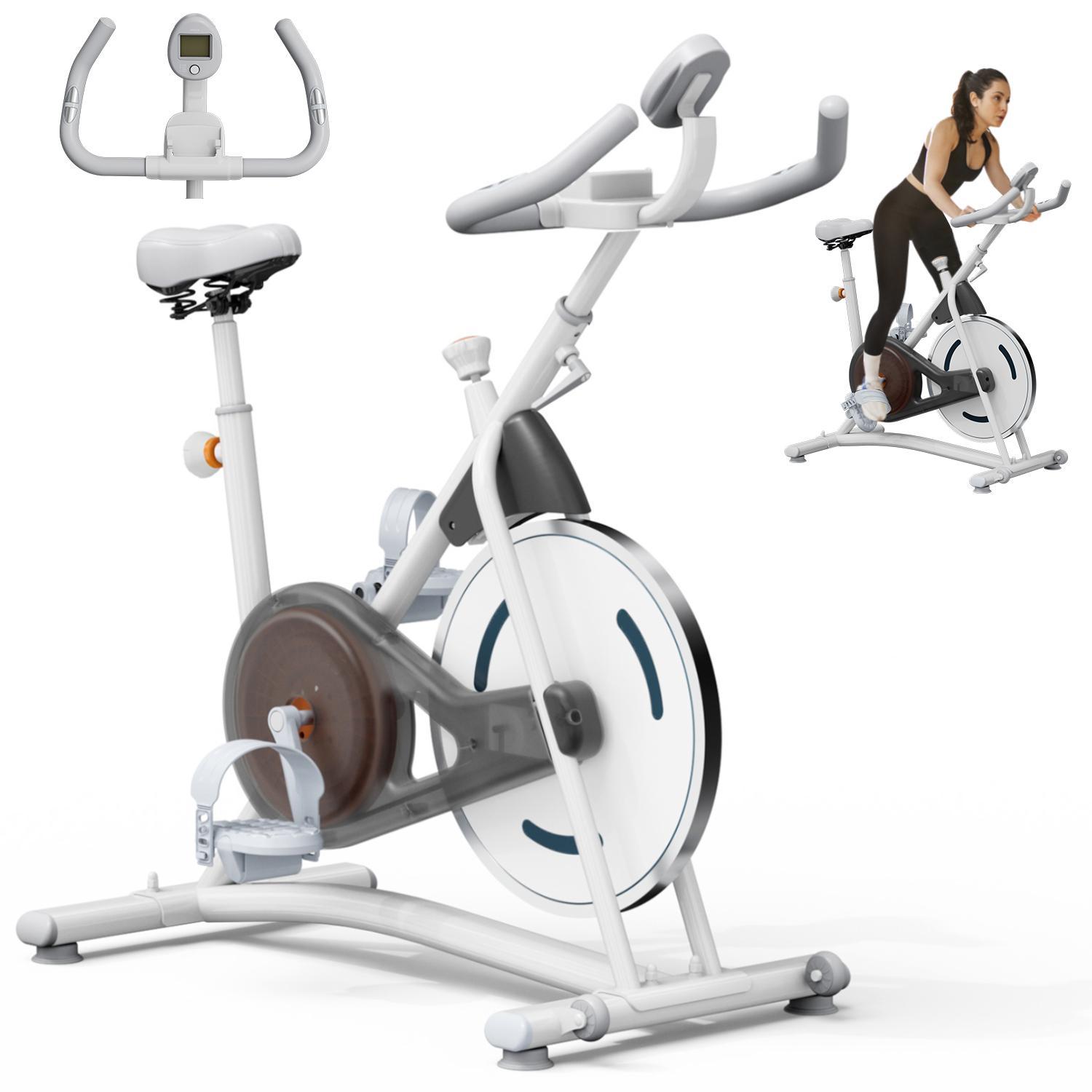 White exercise bike with a woman using it on a white background