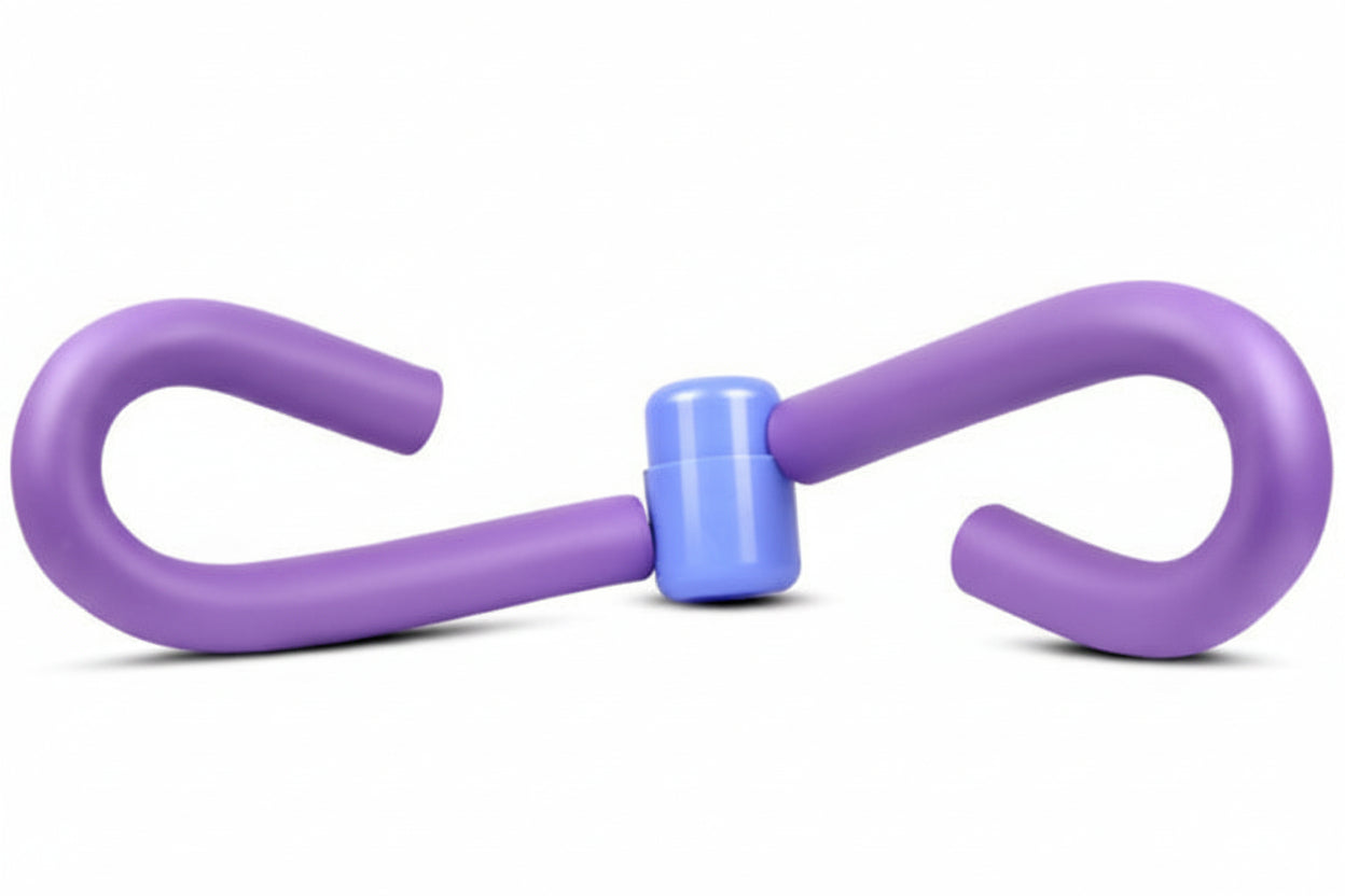 Purple exercise tool with blue center and measurements on a white background