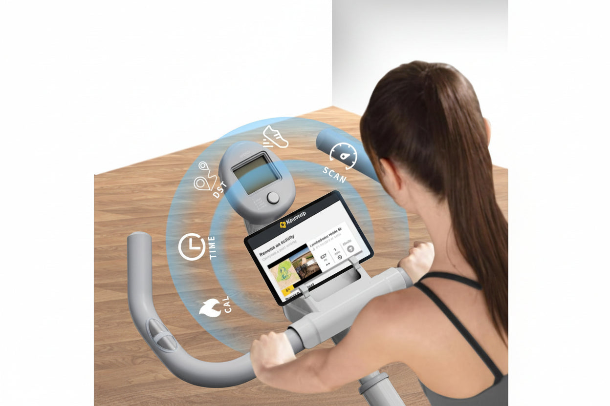 Woman using a fitness tracker with digital display on a wooden floor, featuring Kinomap and Bluetooth icons.