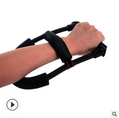Hand using a black wrist and arm trainer on a white background