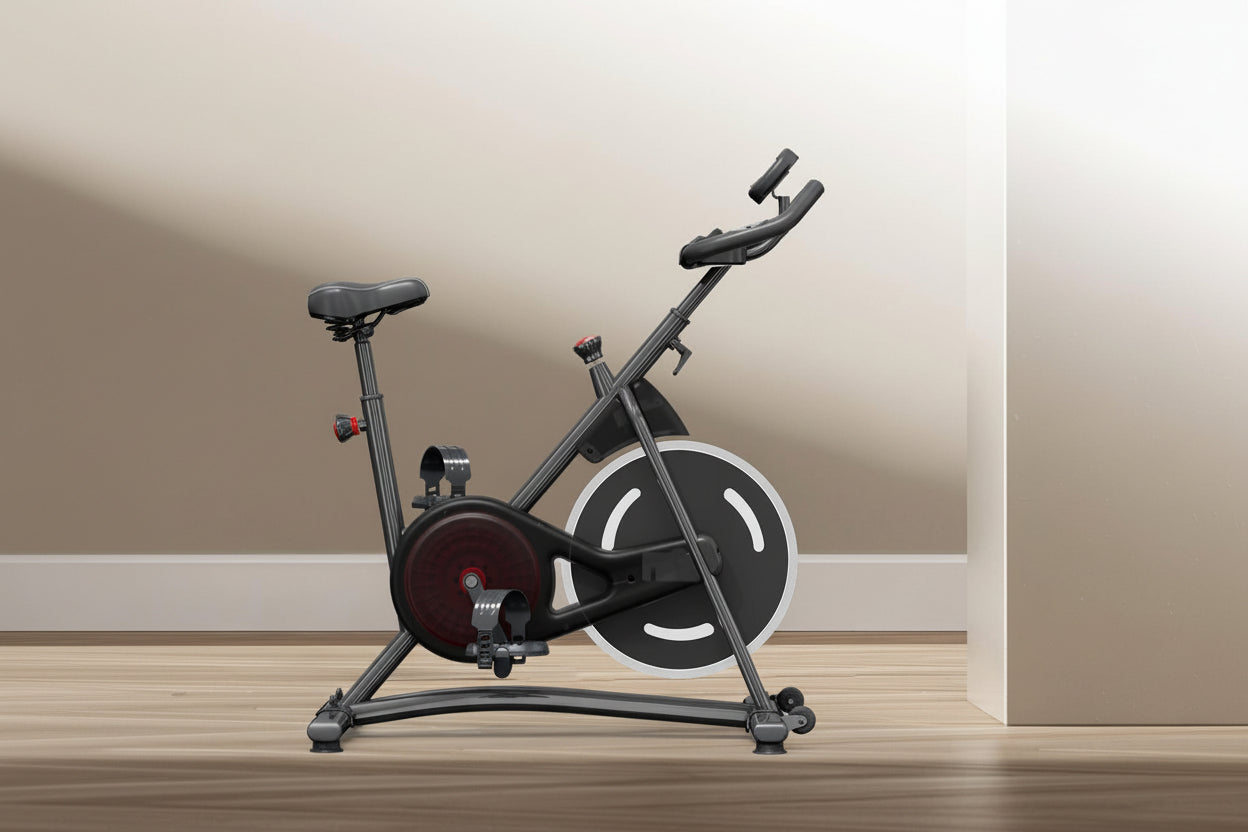 Home exercise bike with features and benefits displayed on a neutral background