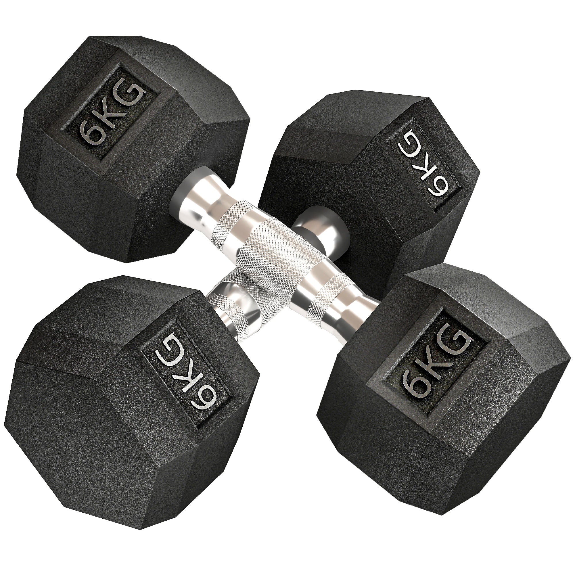 Pair of black hexagonal dumbbells with '6KG' marking on a white background