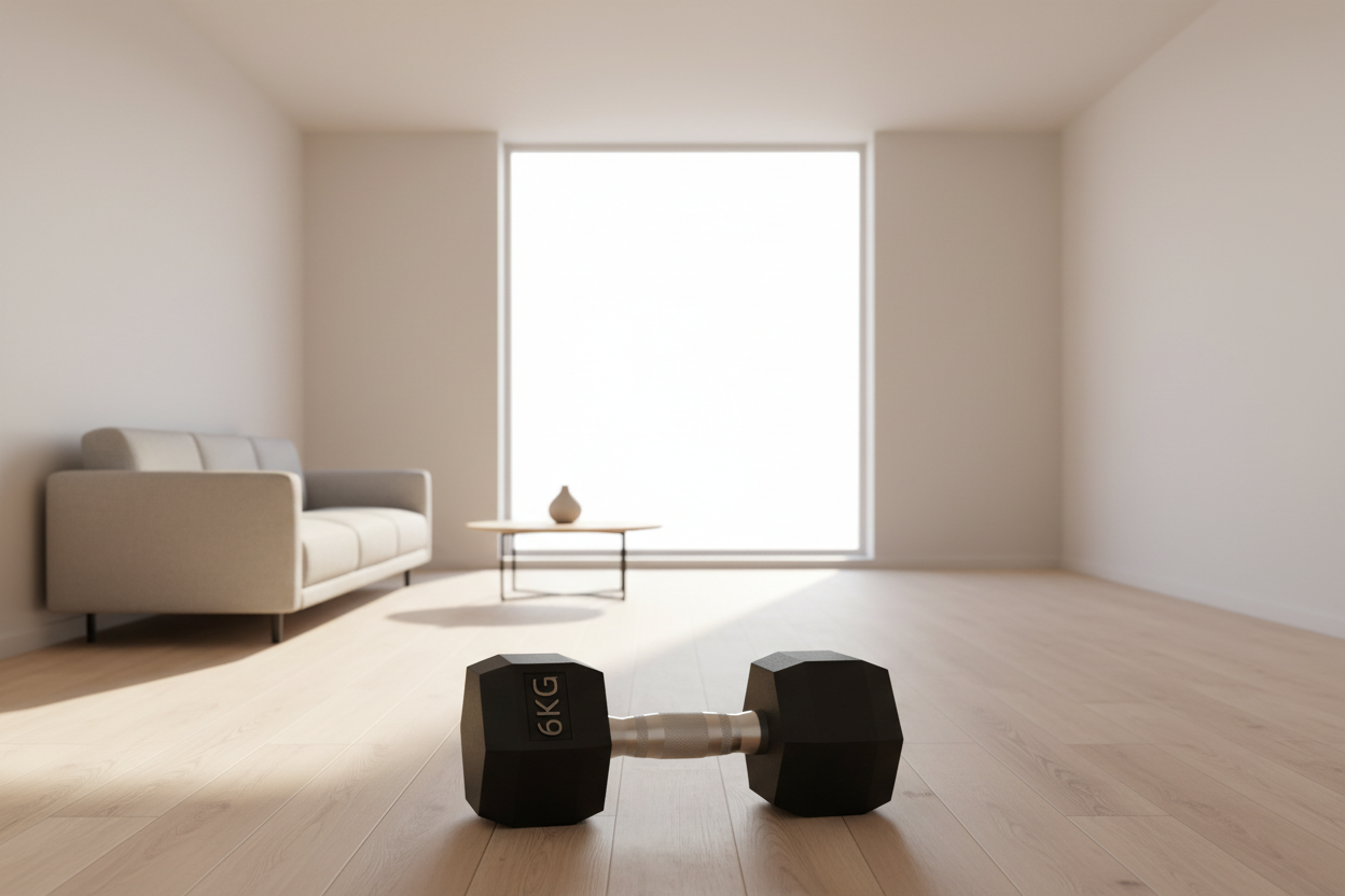 A pair of black hex dumbbells on a light wood floor in a bright, modern minimalist living room with a beige sofa and a large window.