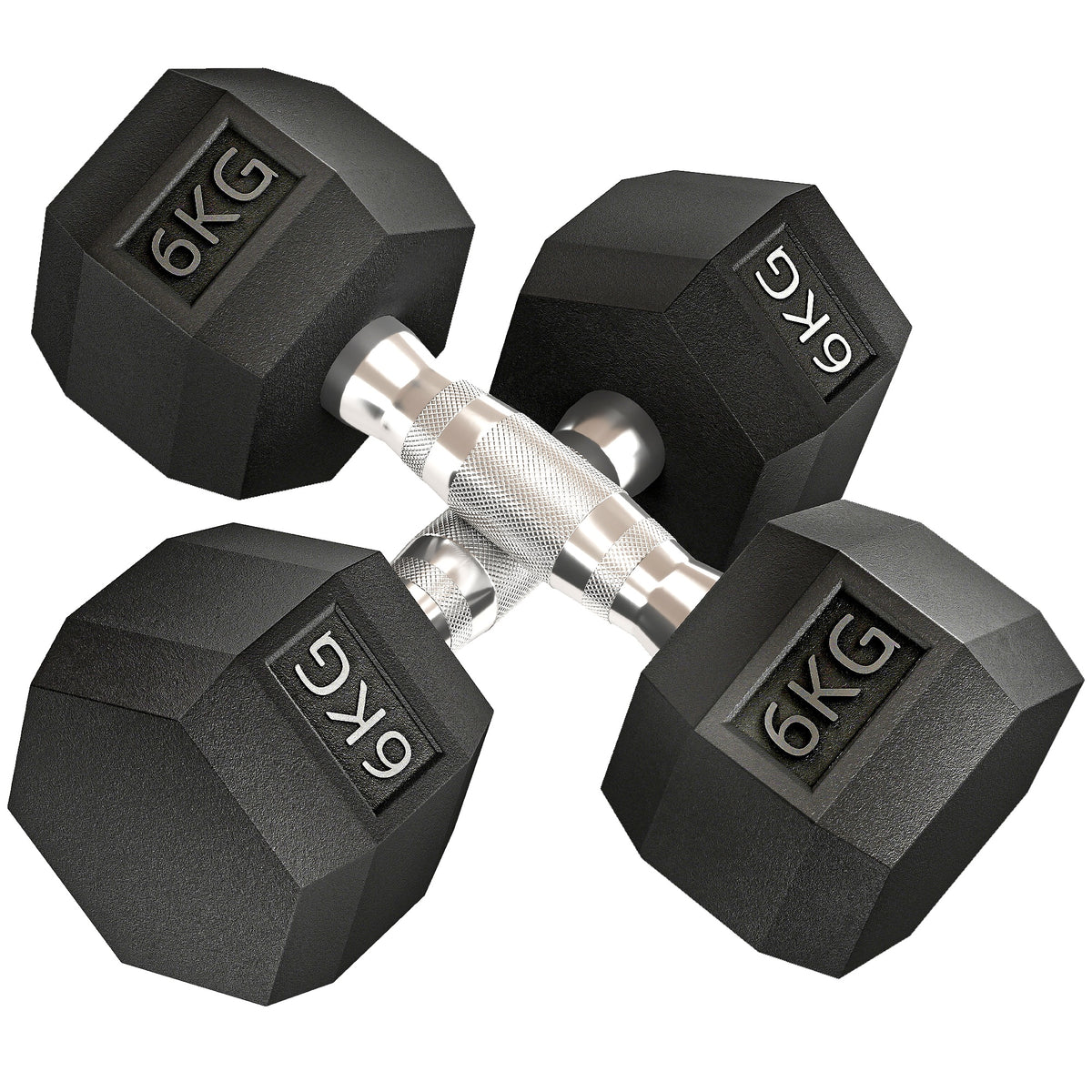 Pair of black hexagonal dumbbells with '6KG' marking on a white background