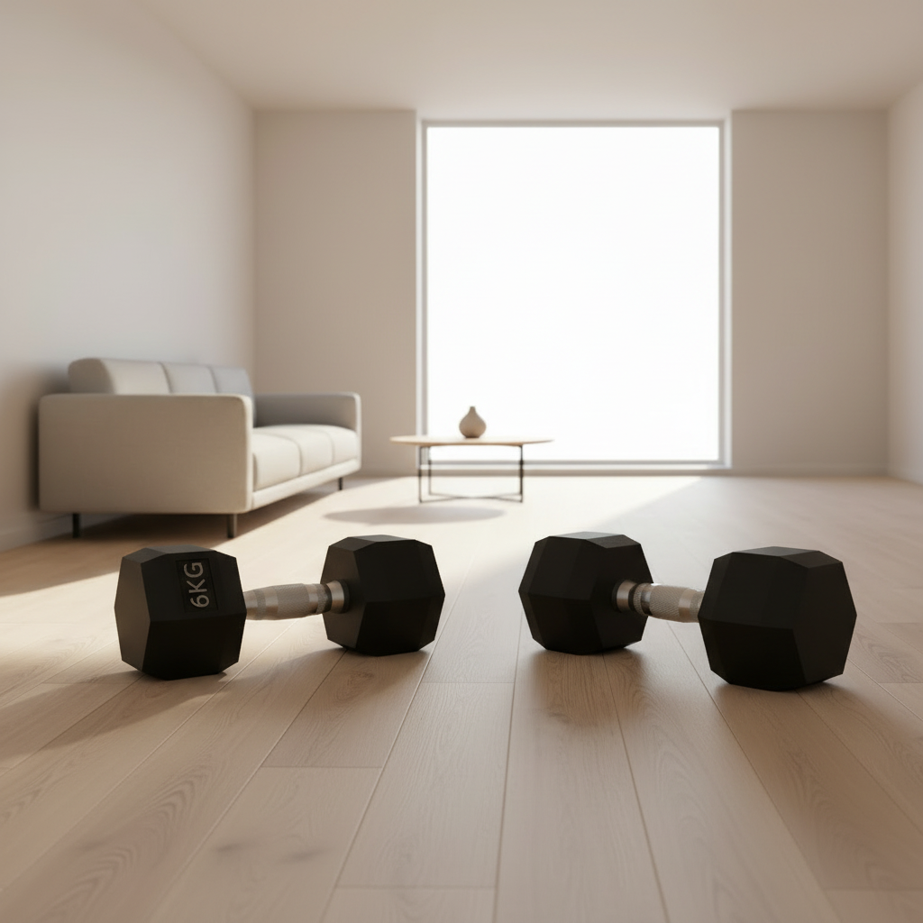 Two black hex dumbbells with silver handles resting on a light wood floor in a bright, modern minimalist room with a sofa and large window.