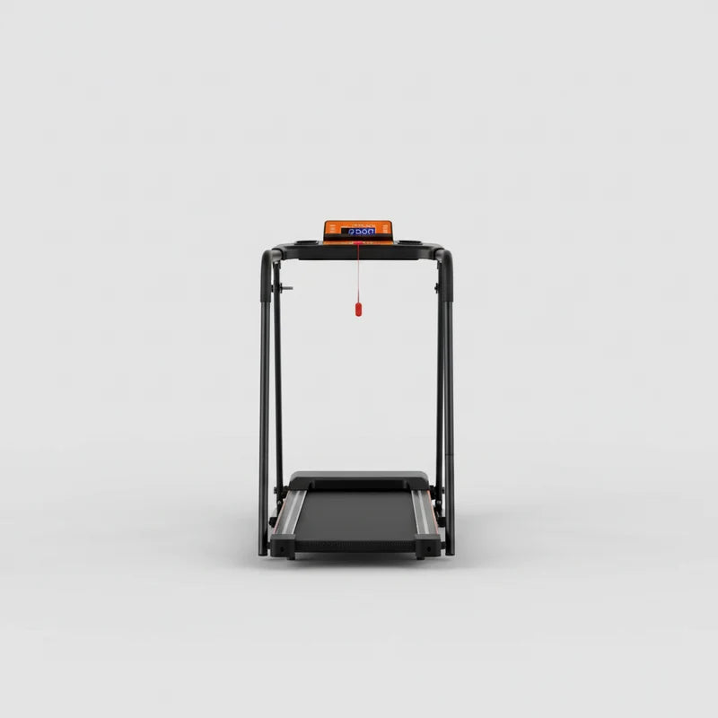 A black treadmill with an illuminated digital display sits in a bright, modern room with large windows overlooking a city skyline, set on light wood flooring.