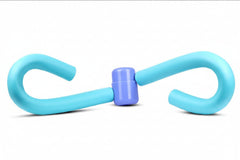 Blue and purple exercise tool with measurements on a white background