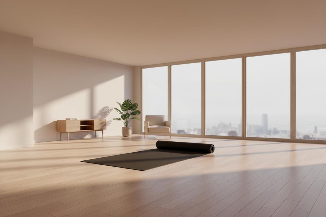 A black yoga mat lies partially unrolled on a light wood floor in a bright, minimalist room with large windows, a chair, and a small cabinet.
