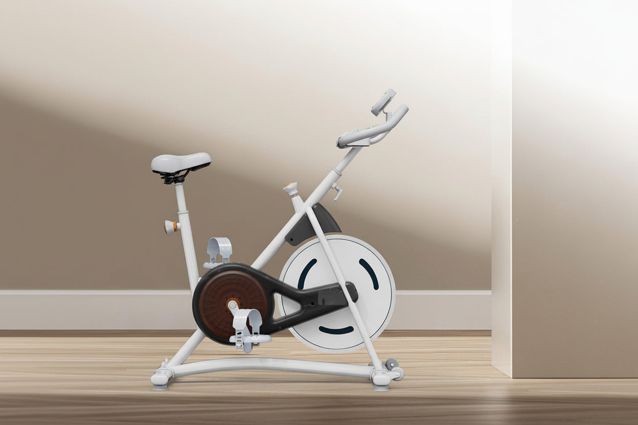 White exercise bike on a wooden floor with text about calorie burning and workout benefits.