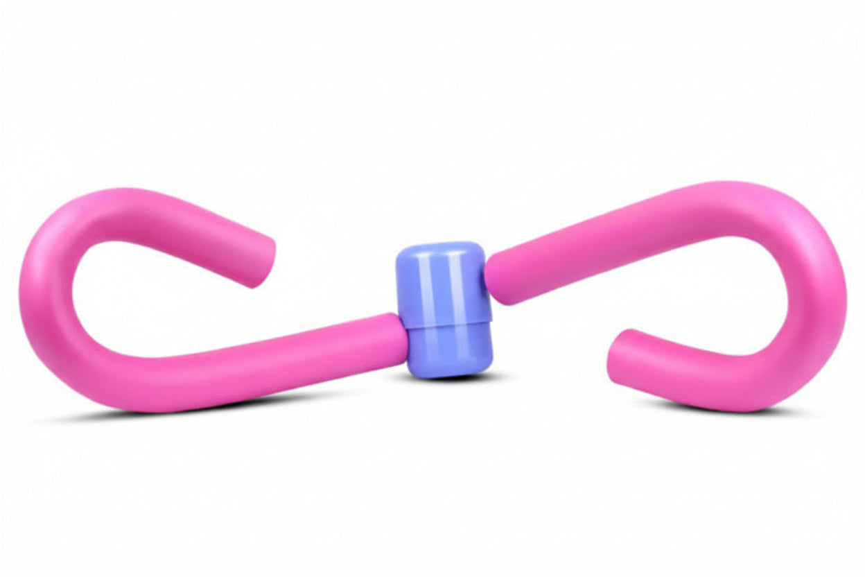 Pink and blue exercise tool with measurements on a white background