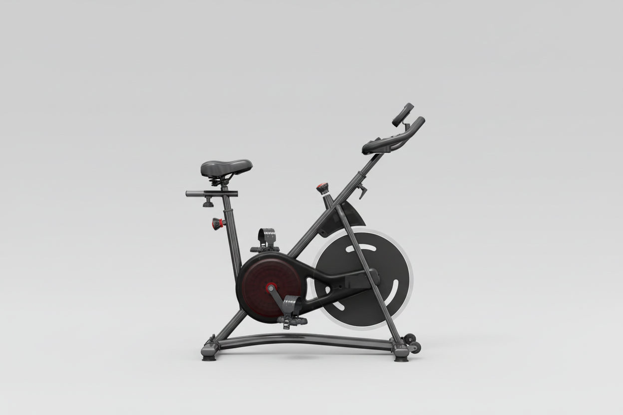 Home exercise bike with features and benefits displayed on a neutral background