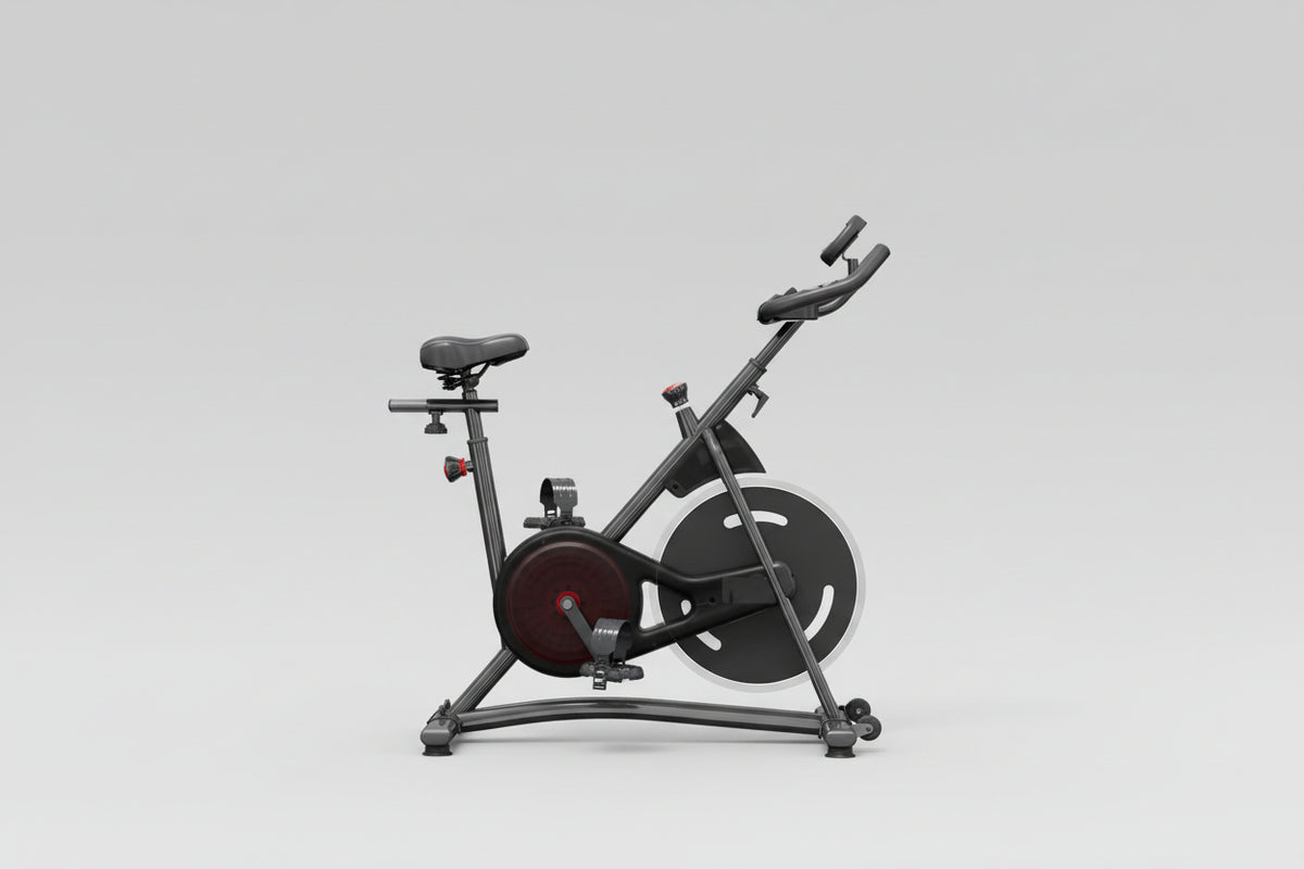 Home exercise bike with features and benefits displayed on a neutral background