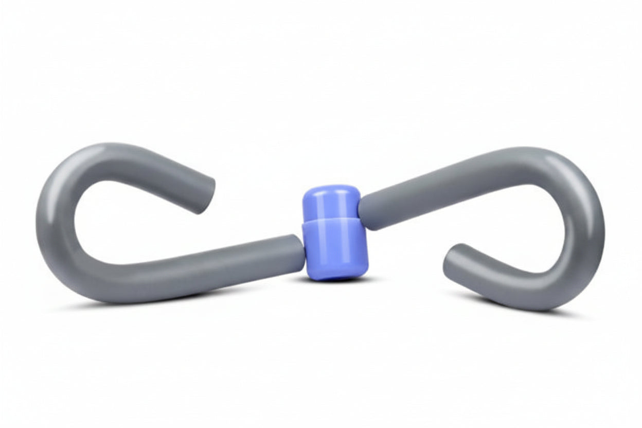 Gray metal D-ring with blue center and measurements on a white background