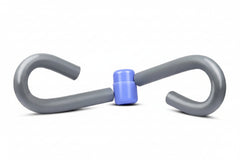 Gray metal D-ring with blue center and measurements on a white background